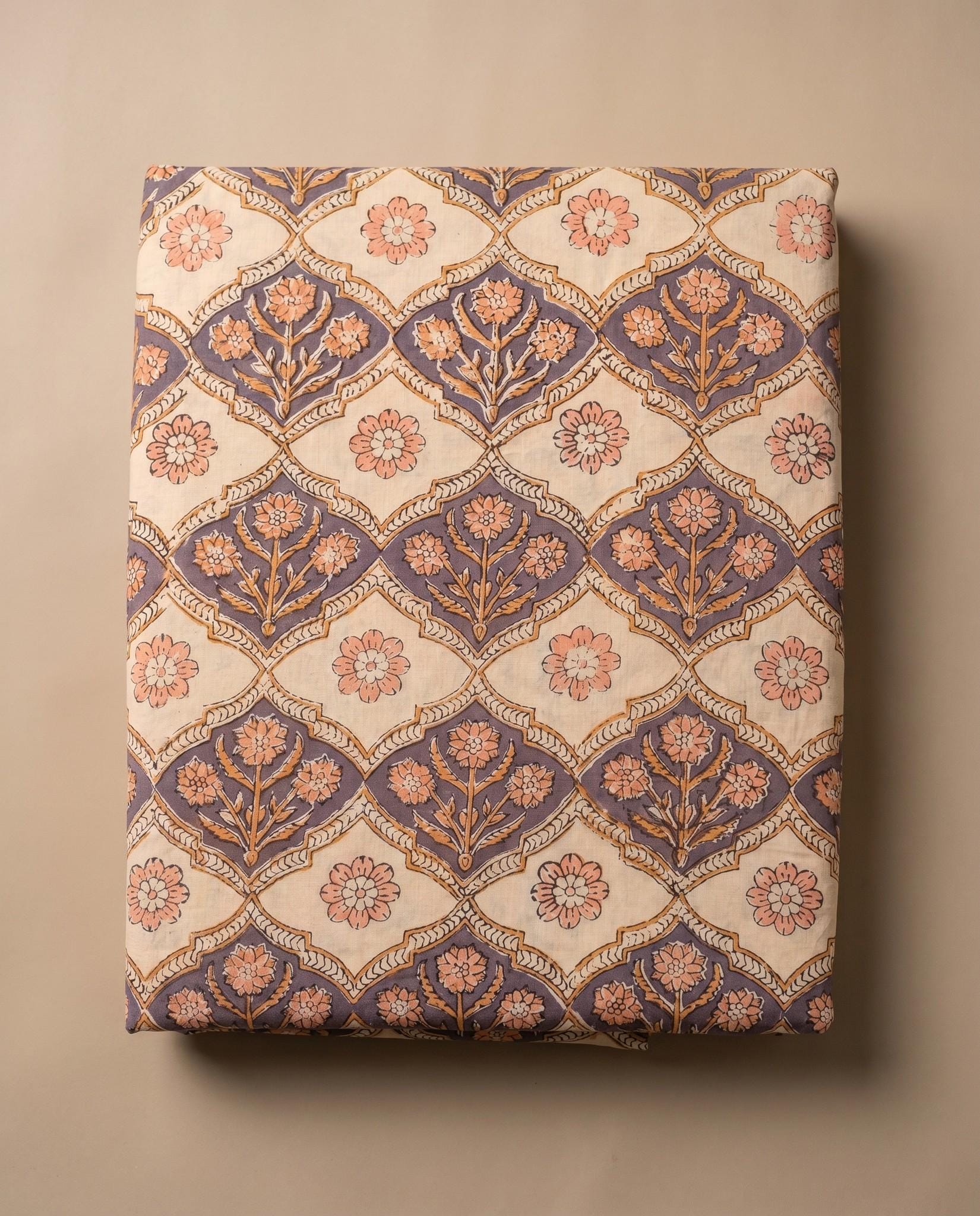 Lavender Peach Floral Hand Block Print Cotton Fabric