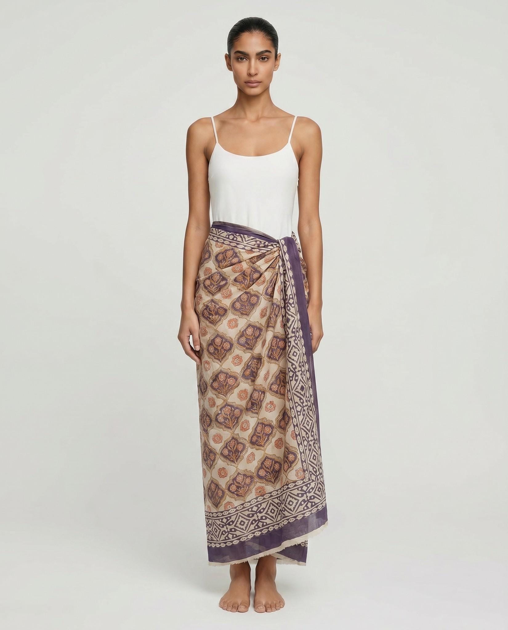 Dusty Purple Floral Block Print Cotton Sarong Pareo