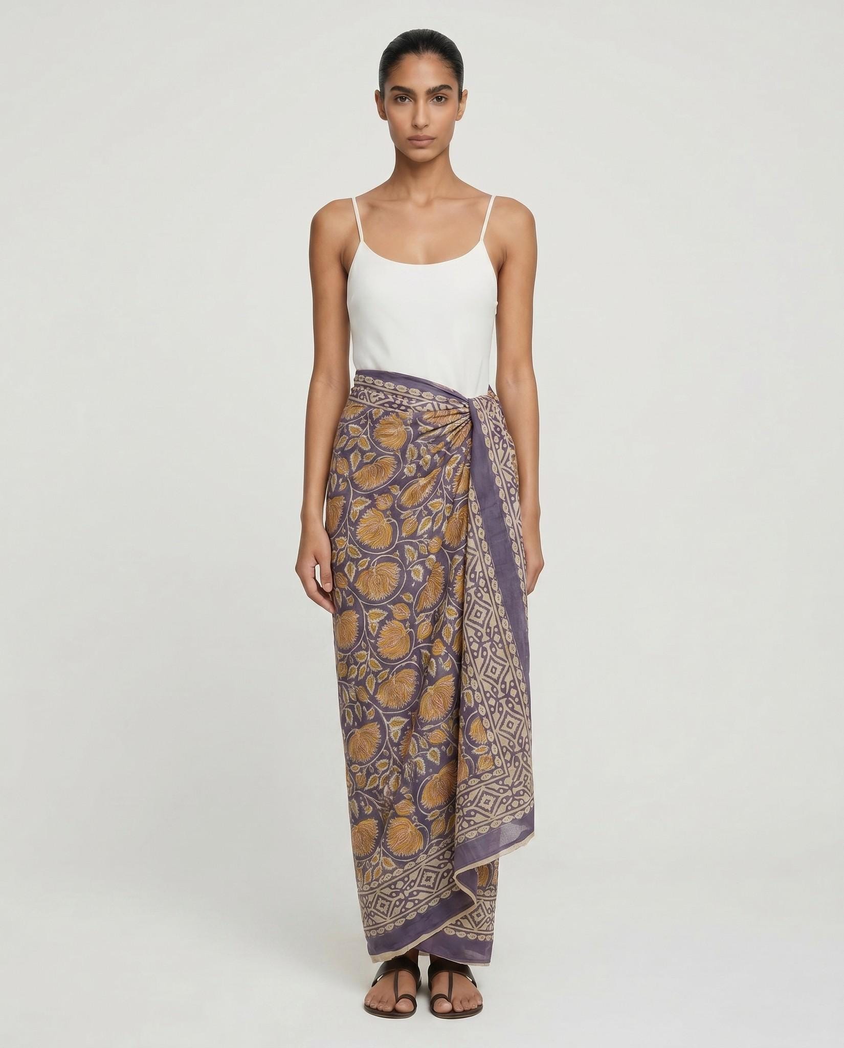 Dusty Purple Mustard Floral Hand Block Print Cotton Sarong