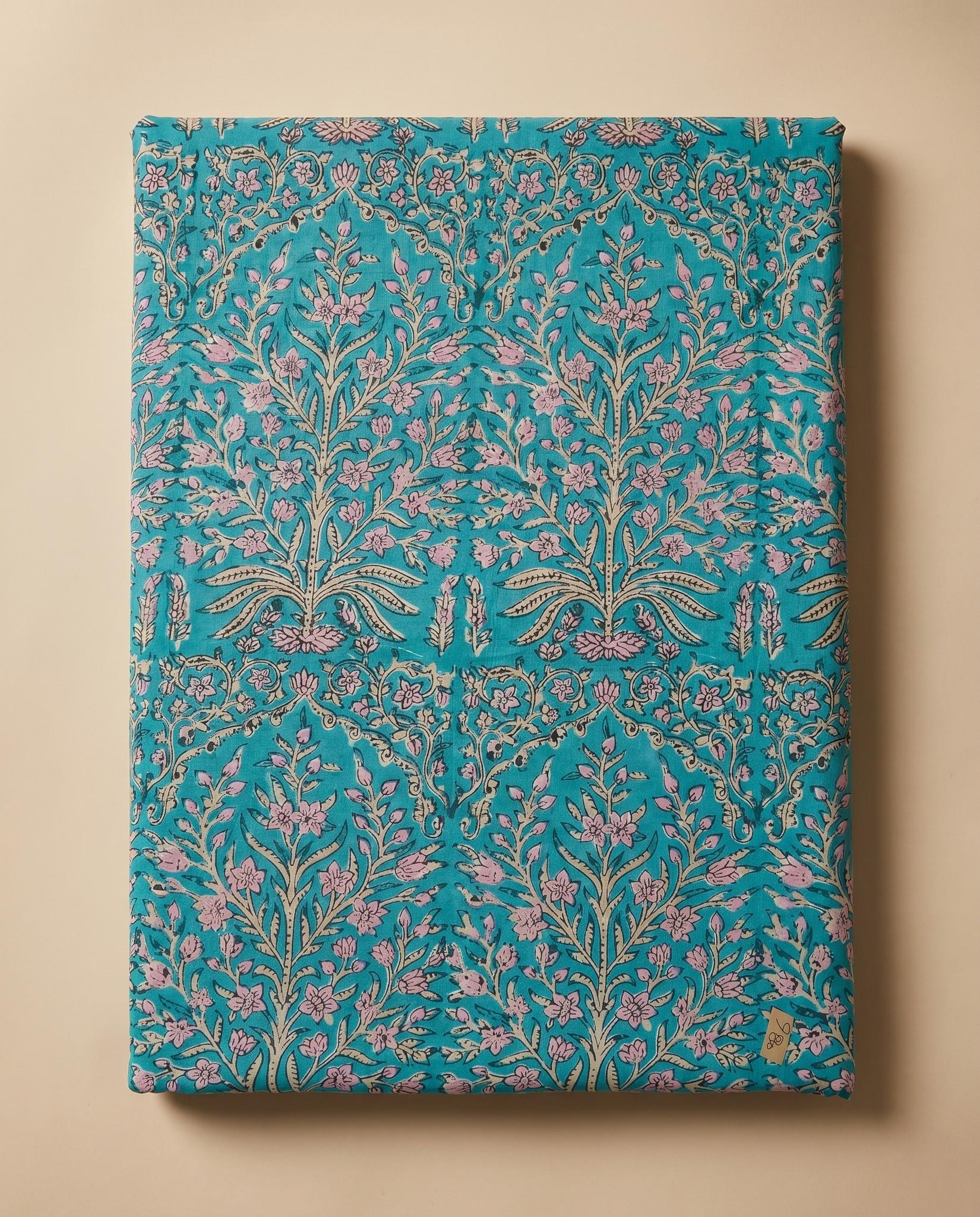 Turquoise Pink Floral Hand Block Print Cotton Fabric by the Yard
