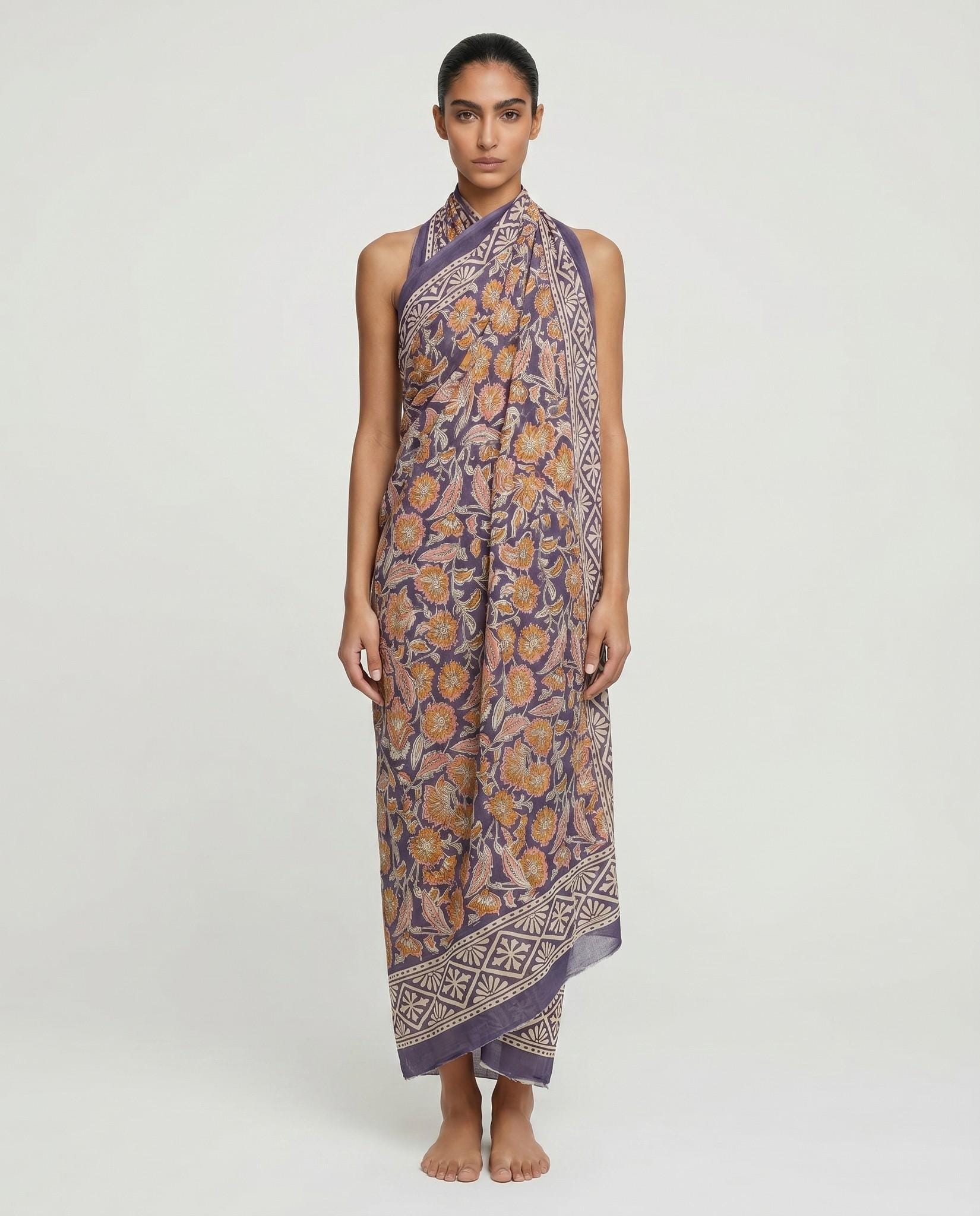 Dusty Purple Marigold Floral Hand Block Print Cotton Sarong
