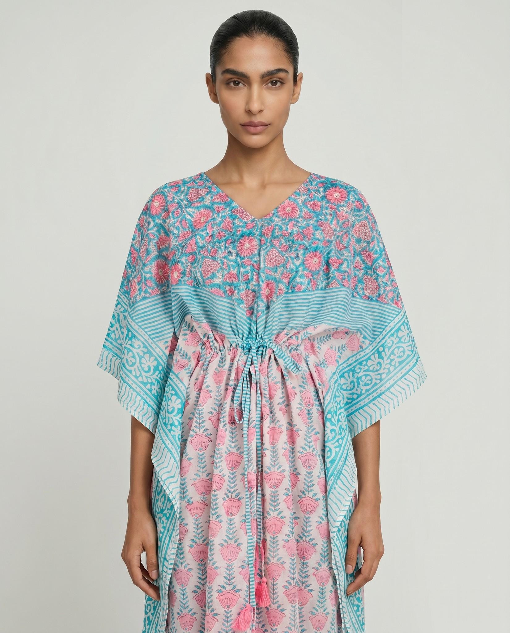 Turquoise Pink Floral Block Print Cotton Kaftan Dress