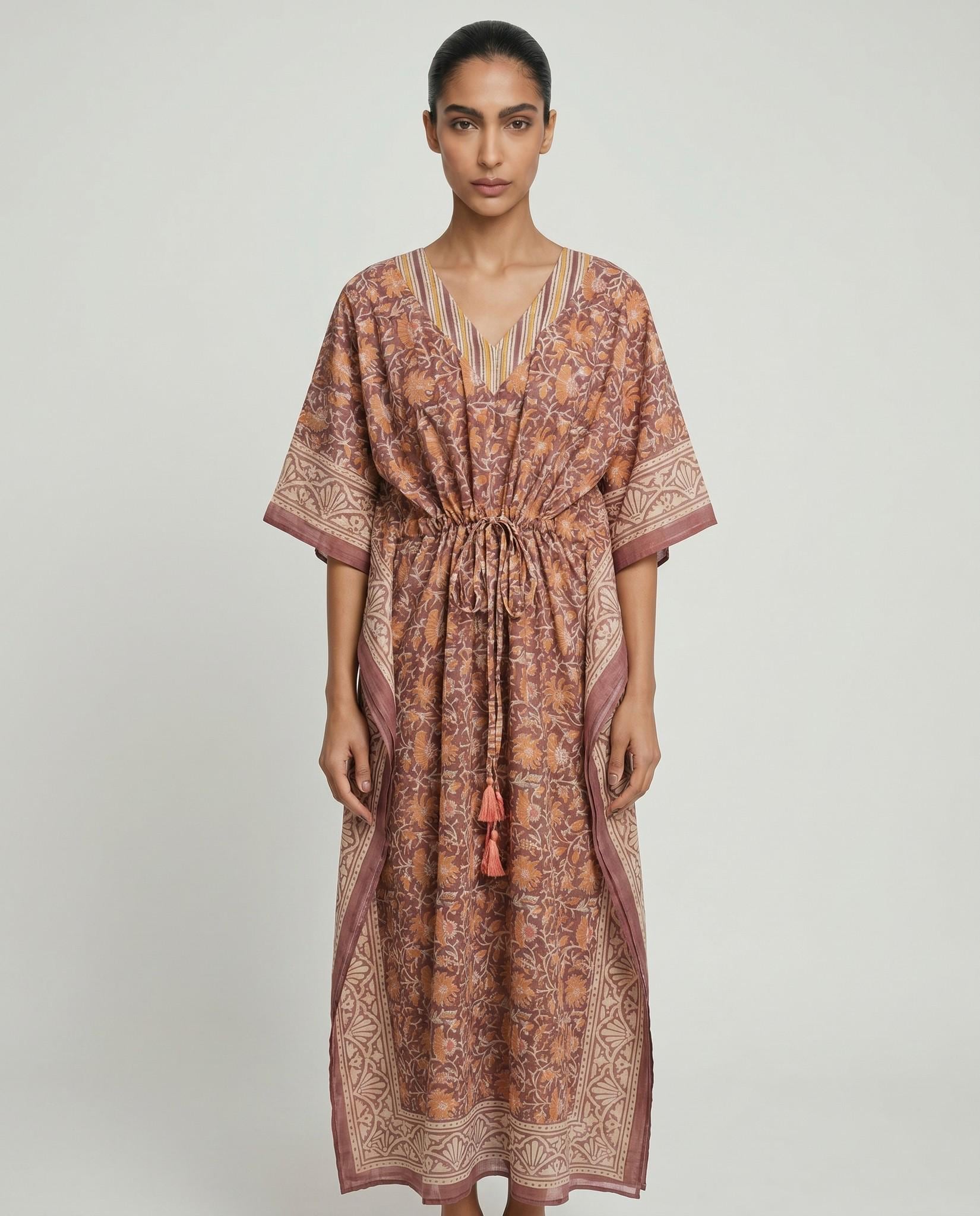 Mauve Mustard Floral Block Print Cotton Kaftan Dress