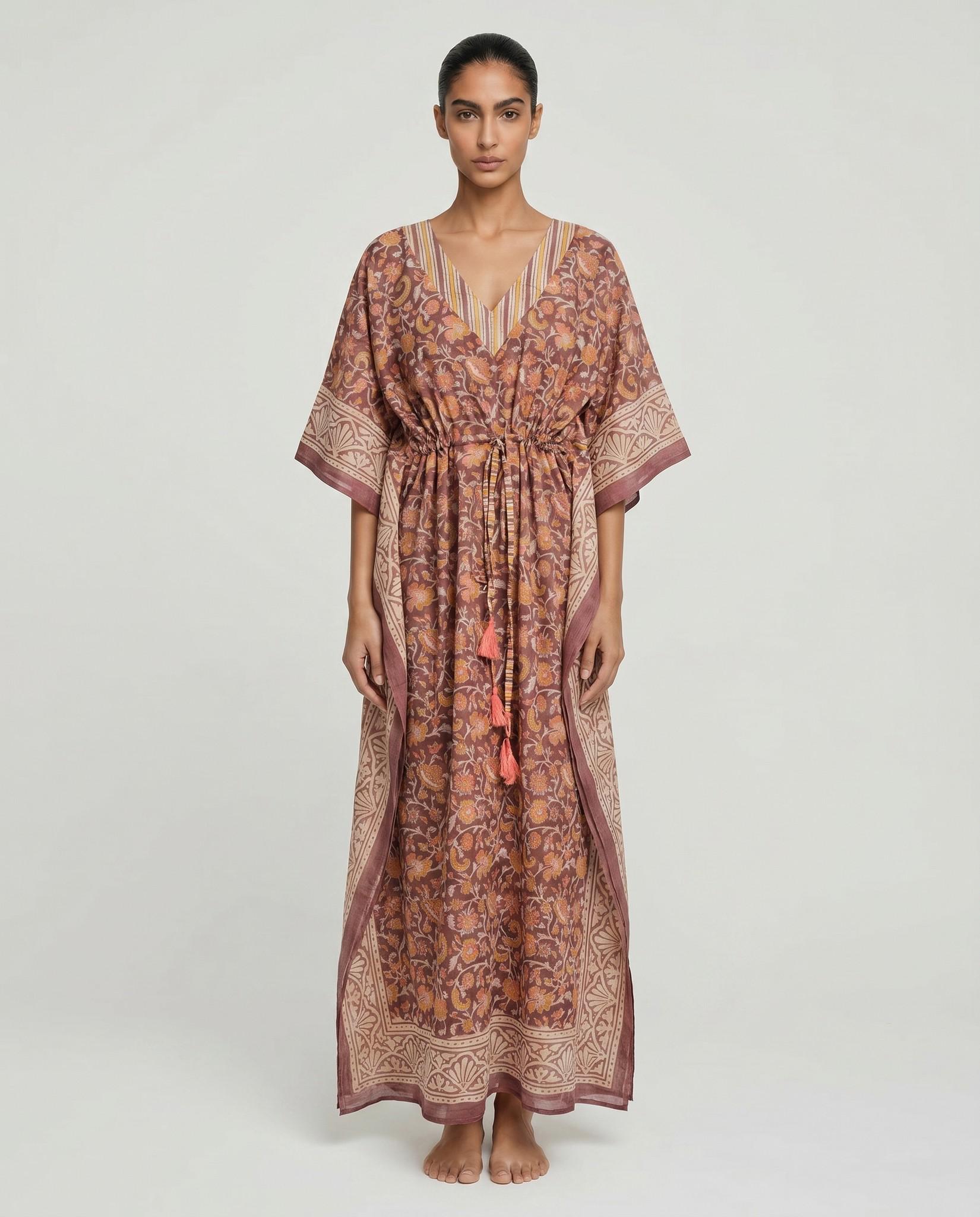 Rust Brown Floral Block Print Cotton Kaftan Maxi Dress