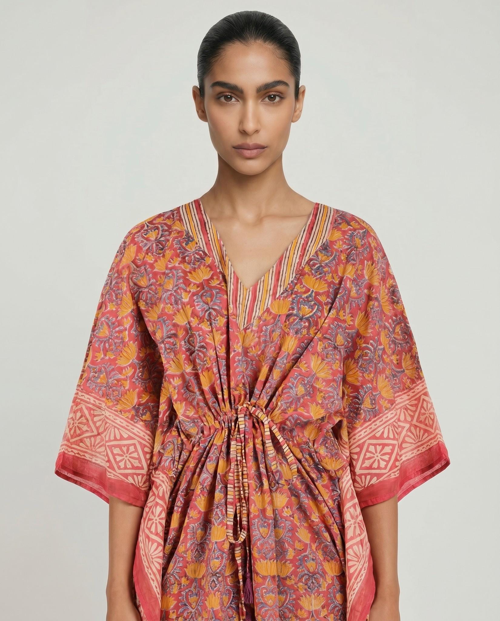 Coral Pink Floral Hand Block Print Cotton Kaftan Dress