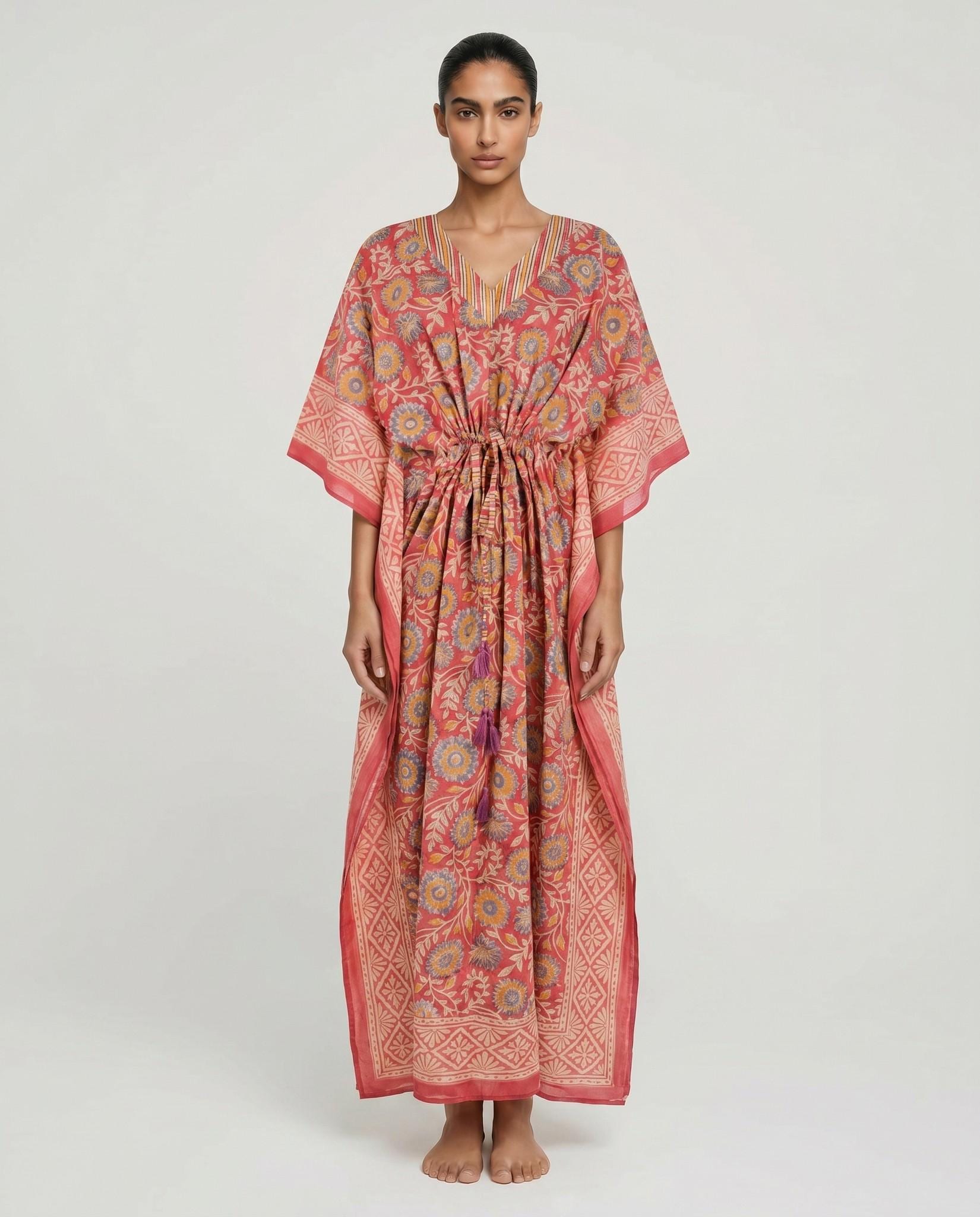 Coral Red Floral Block Print Cotton Kaftan Maxi Dress