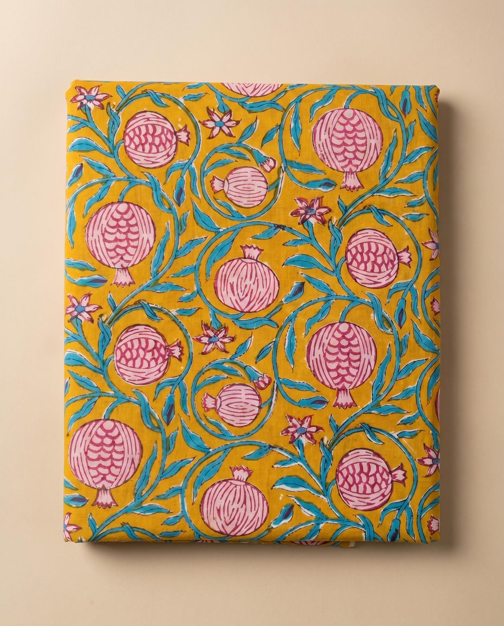 Mustard Yellow Pomegranate Hand Block Print Cotton Fabric
