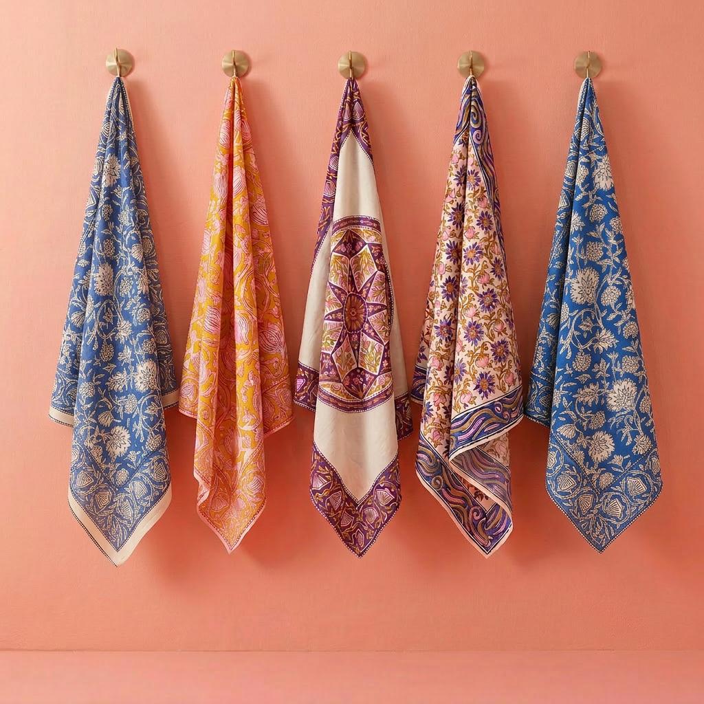Multicolor Floral Hand Block Print Cotton Bandana Scarf Set